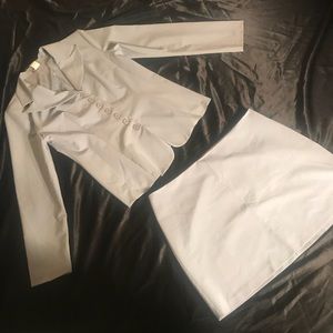 Greyish blue two piece skirt suit